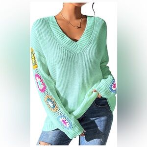 V-Neck Mint Crochet Sleeve Women’s Sweater